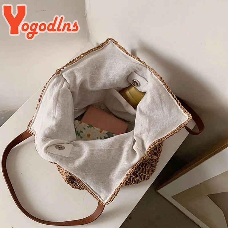 Casual Straw Bucket Shoulder Bag Women Hollow Woven Beach Bags Vacation Rattan T