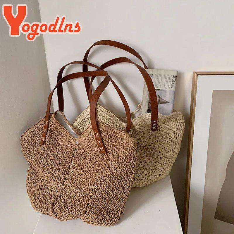Casual Straw Bucket Shoulder Bag Women Hollow Woven Beach Bags Vacation Rattan T
