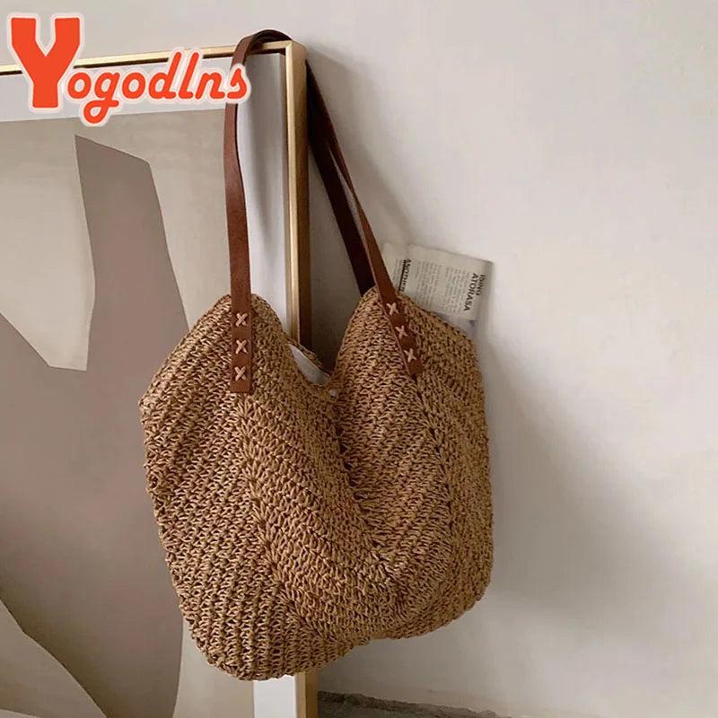 Casual Straw Bucket Shoulder Bag Women Hollow Woven Beach Bags Vacation Rattan T