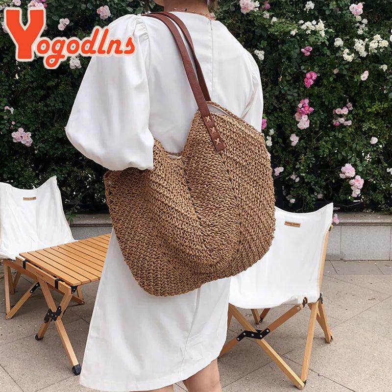 Casual Straw Bucket Shoulder Bag Women Hollow Woven Beach Bags Vacation Rattan T