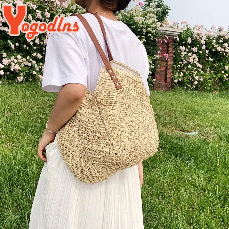 Casual Straw Bucket Shoulder Bag Women Hollow Woven Beach Bags Vacation Rattan T
