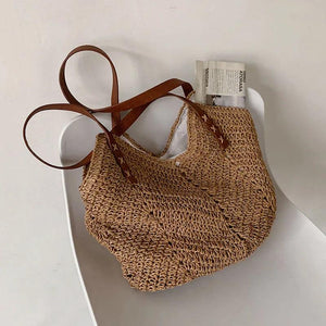 Casual Straw Bucket Shoulder Bag Women Hollow Woven Beach Bags Vacation Rattan T