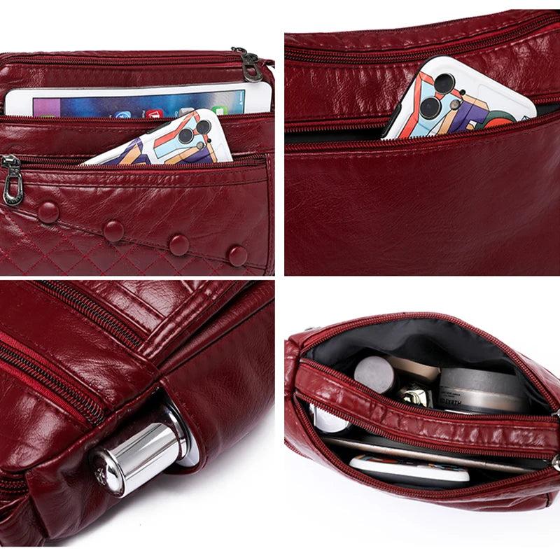 Casual Soft Leather Crossbody Bag with Multiple Pockets for Women