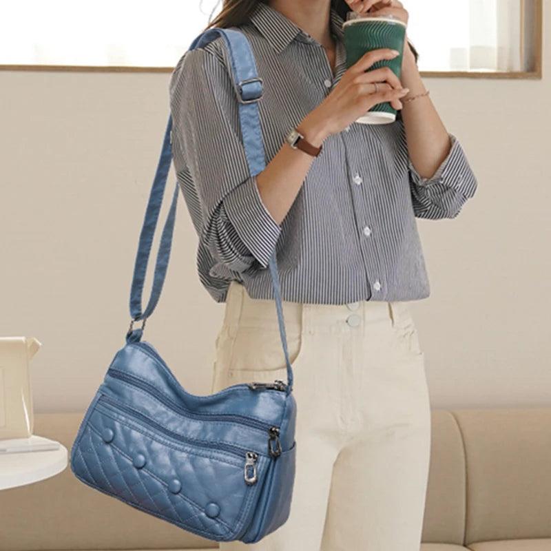 Casual Soft Leather Crossbody Bag with Multiple Pockets for Women
