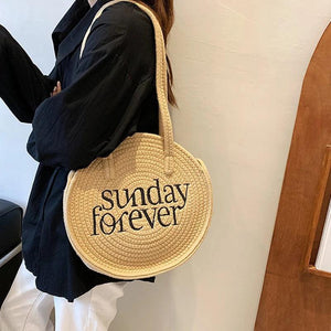 Casual Cotton Woven Women Handbag Large Capacity Round Summer Shop