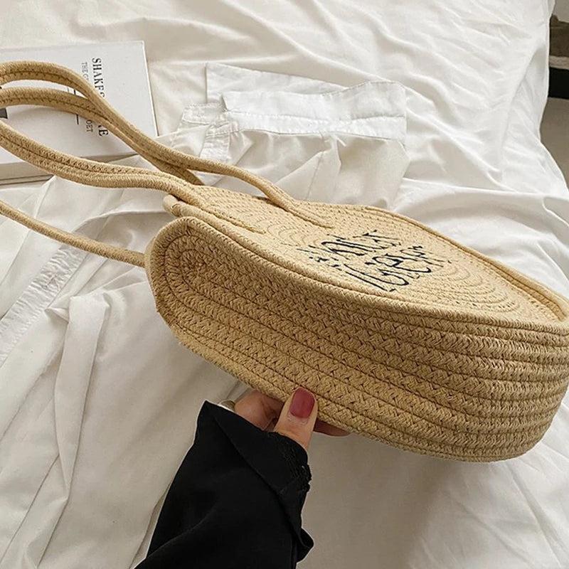 Casual Cotton Woven Women Handbag Large Capacity Round Summer Shop