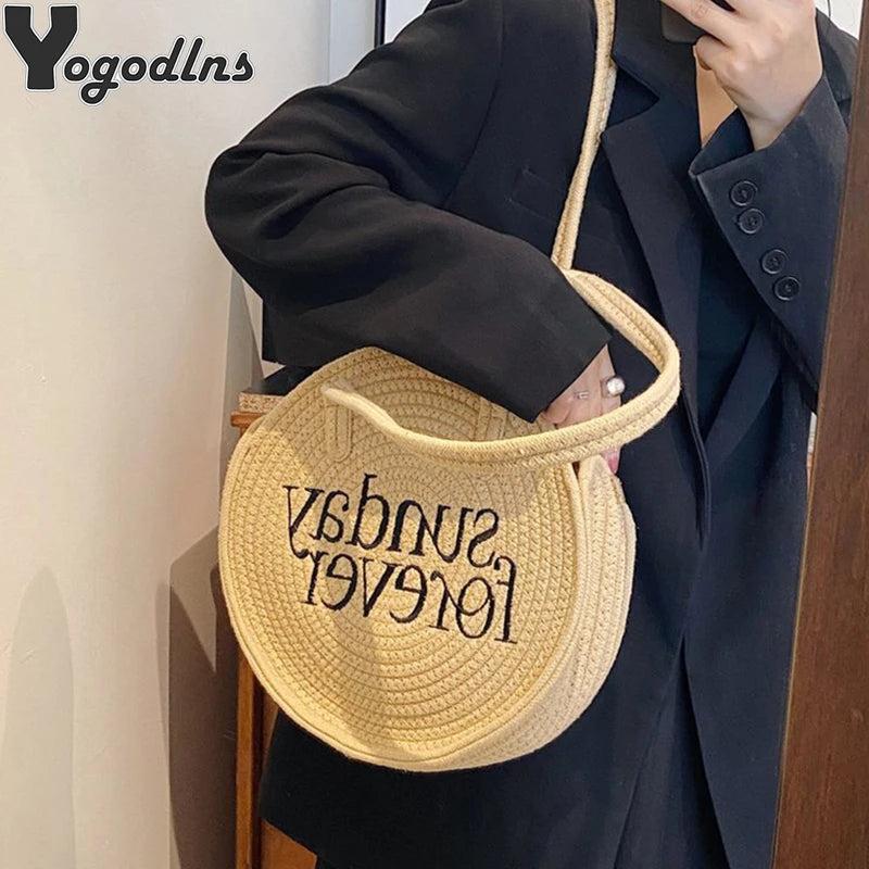 Casual Cotton Woven Women Handbag Large Capacity Round Summer Shop