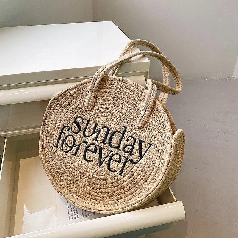 Casual Cotton Woven Women Handbag Large Capacity Round Summer Shop