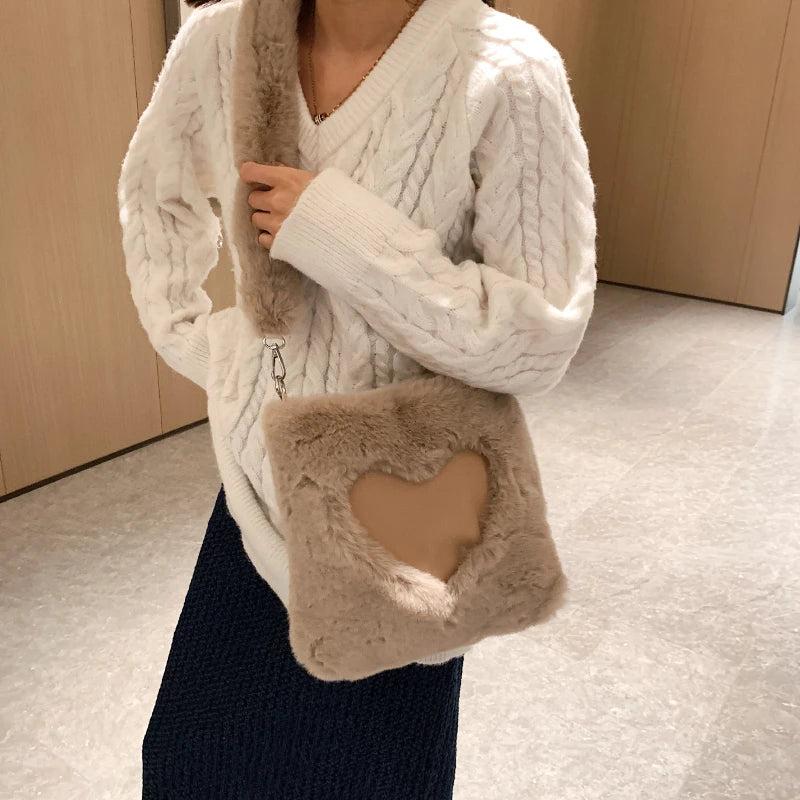 Brown Faux Fur Women Handbags Plush Shoulder Tote Bag