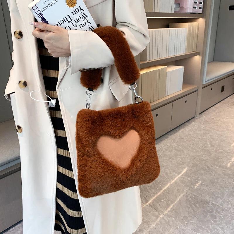 Brown Faux Fur Women Handbags Plush Shoulder Tote Bag