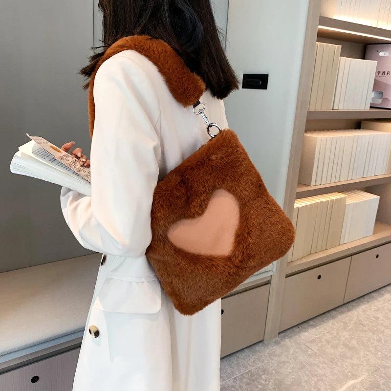 Brown Faux Fur Women Handbags Plush Shoulder Tote Bag