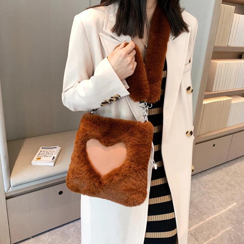 Brown Faux Fur Women Handbags Plush Shoulder Tote Bag