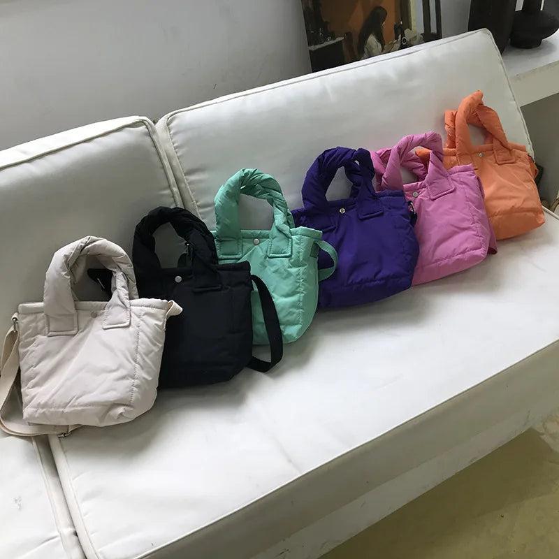 Casual Cotton Bucket Bags Women Colorful Handbags Space Pad Feather Shoulder