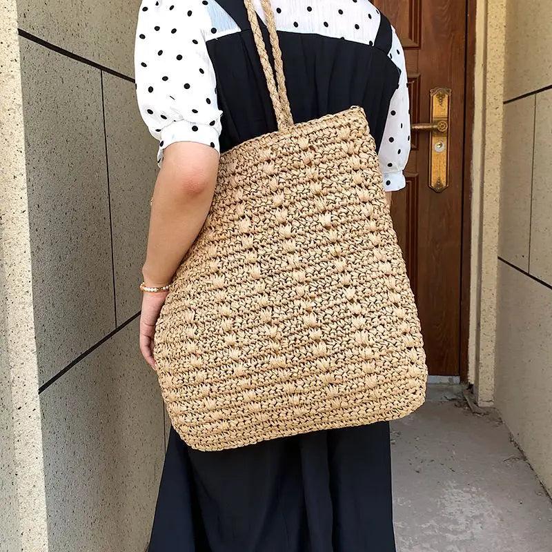 Casual Hand-Woven Women's Shoulder Bags Bohemian Solid Straw Beach Totes