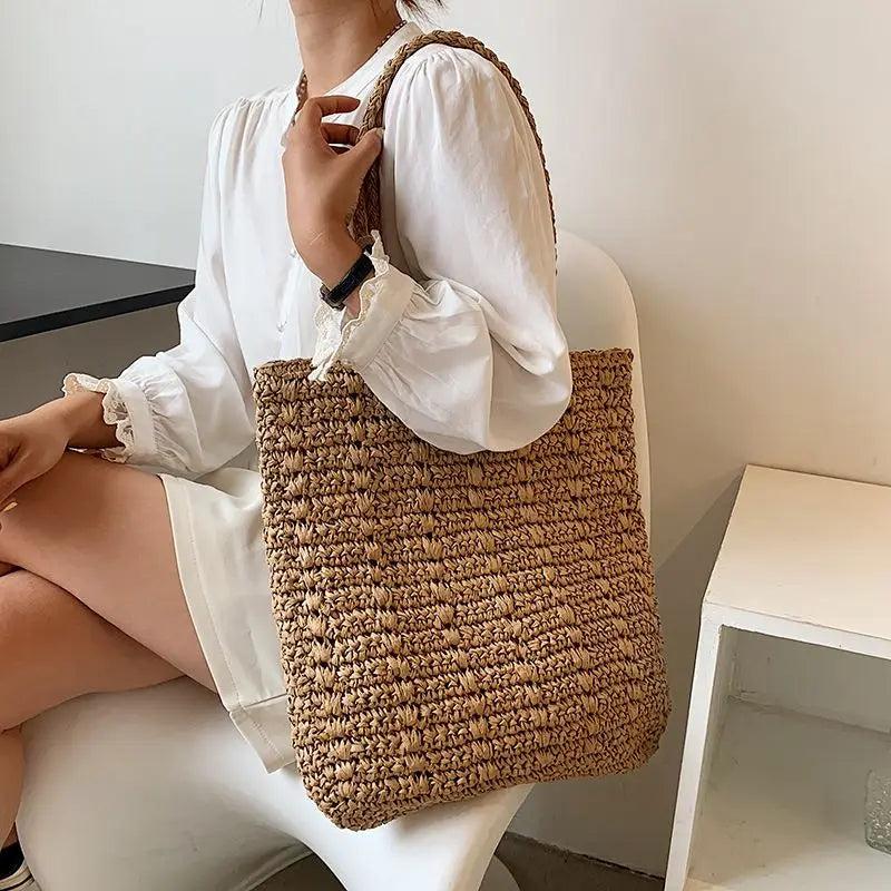 Casual Hand-Woven Women's Shoulder Bags Bohemian Solid Straw Beach Totes