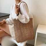 Casual Hand-Woven Women's Shoulder Bags Bohemian Solid Straw Beach Totes