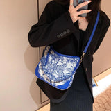 Casual Canvas Bag Embroidery Chain Messenger Women Large Capacity Handbags