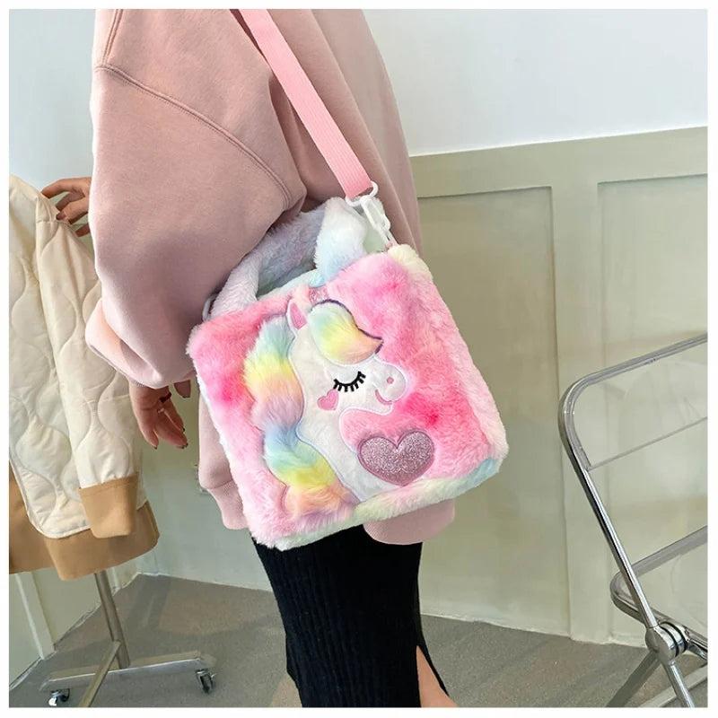 Cartoon Unicorn Plush Women's Bag Ins Shoulder Bags Sweet Winter Satchels
