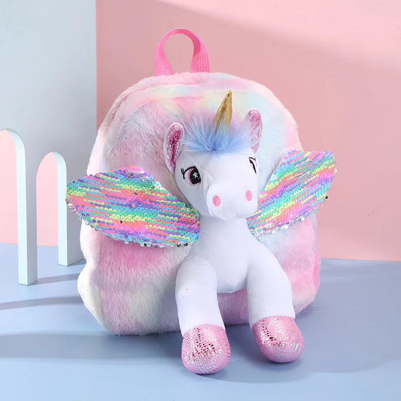 Baby Girl Unicorn Fur Backpack Zipper Schoolbag Kid Toy Doll Plush Bag