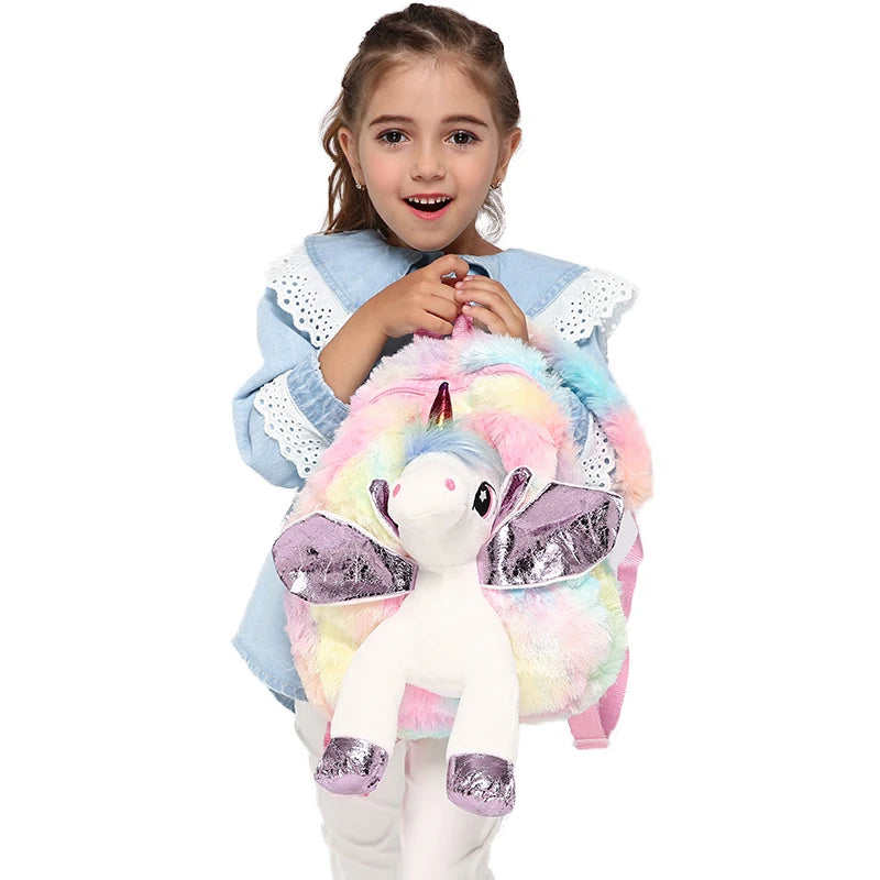 Baby Girl Unicorn Fur Backpack Zipper Schoolbag Kid Toy Doll Plush Bag