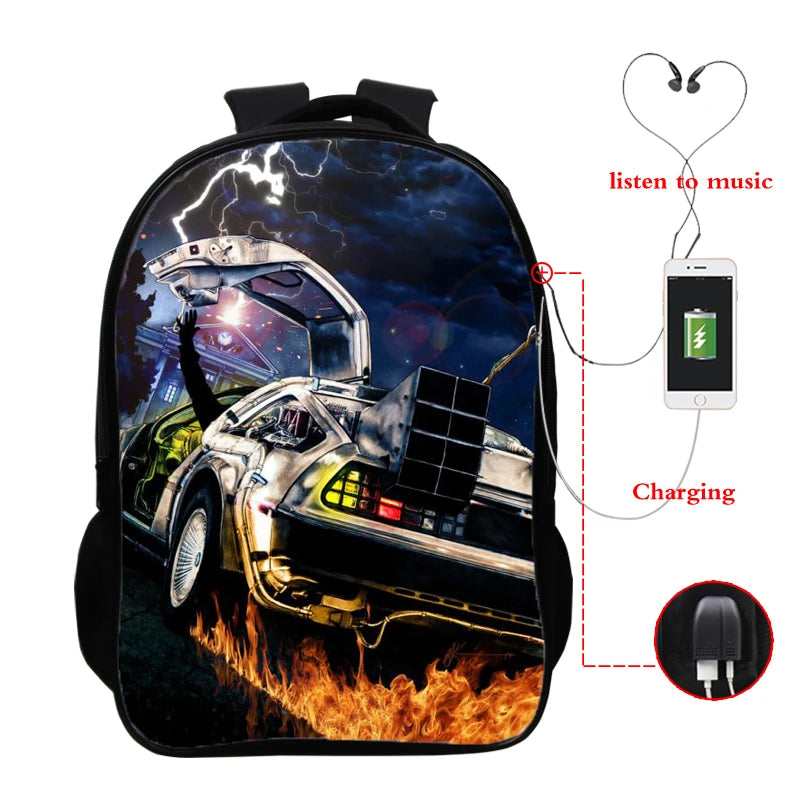 Back to Future Print Backpack Bag 16 Inch USB Students College Teens School Bags