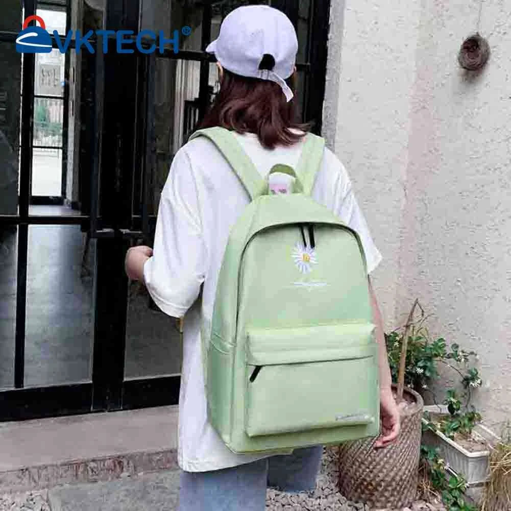 Casual Canvas Book Backpack Green with Daisy Embroidery Large Capacity