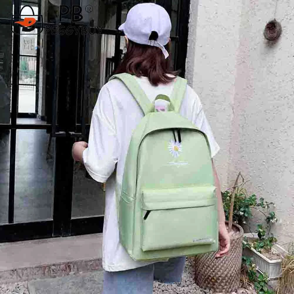 Casual Canvas Book Backpack Green Daisy Embroidery Large Capacity