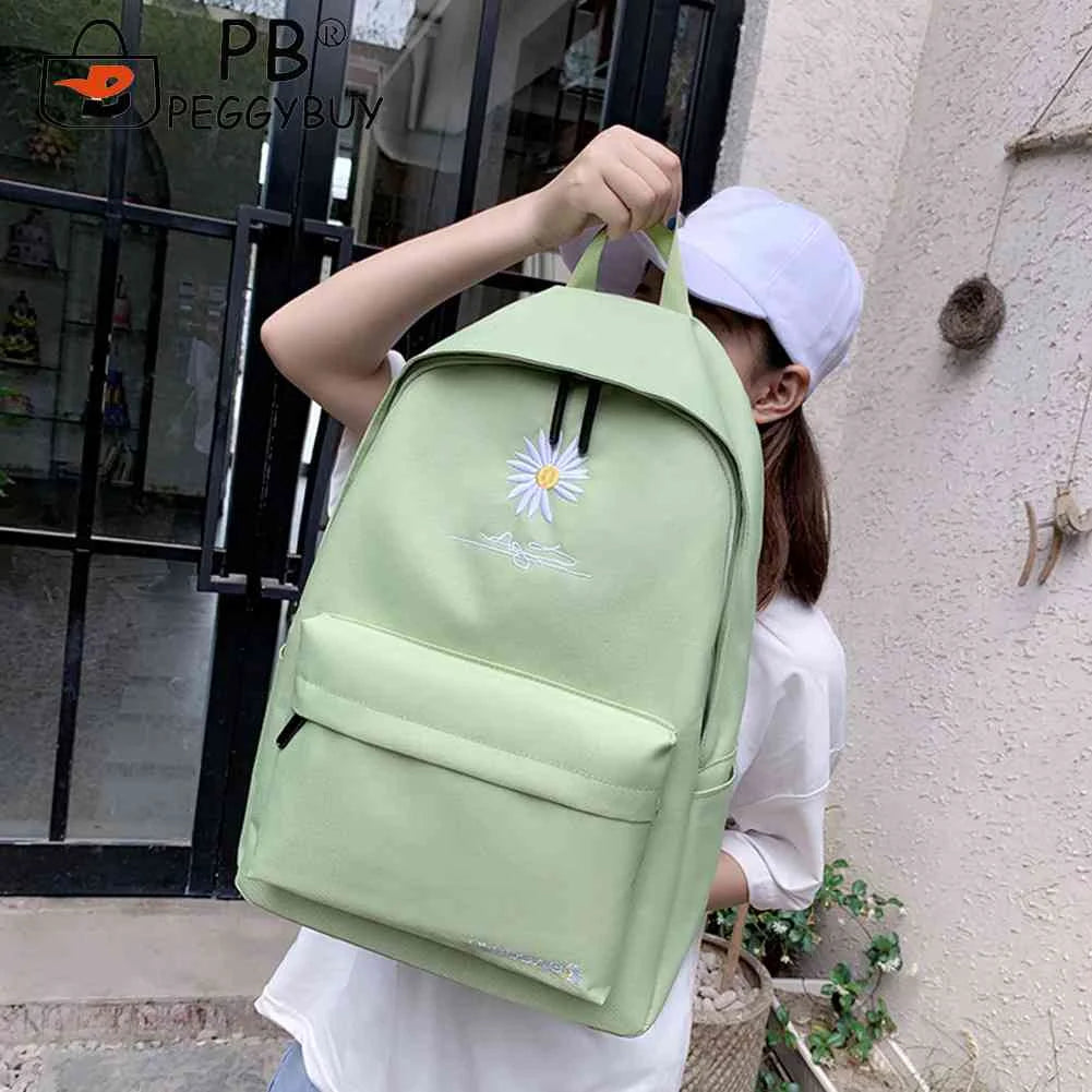 Casual Canvas Book Backpack Green Daisy Embroidery Large Capacity