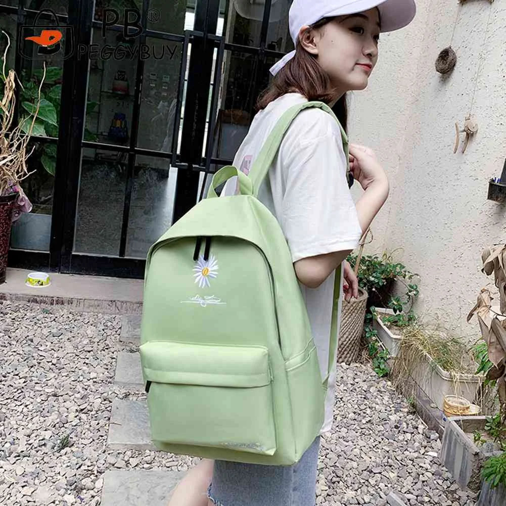 Casual Canvas Book Backpack Green Daisy Embroidery Large Capacity