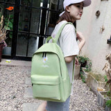 Casual Canvas Book Backpack Green Daisy Embroidery Large Capacity