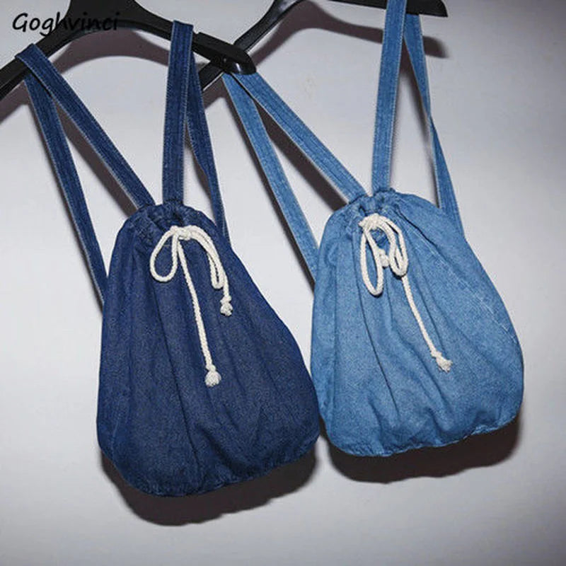 Denim Drawstring Travel Bag for Women