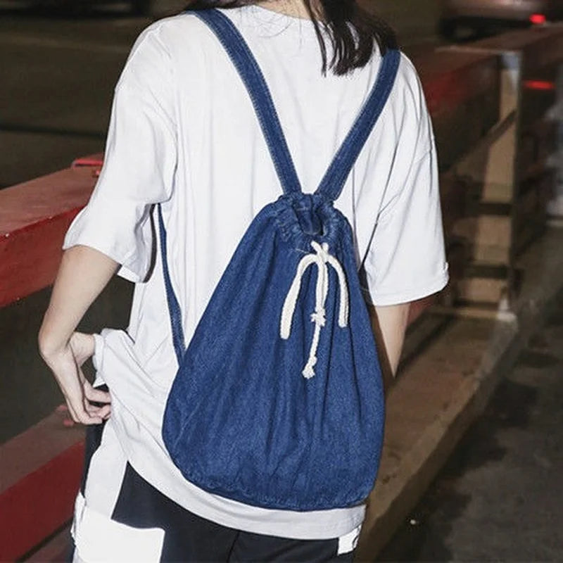 Denim Drawstring Travel Bag for Women