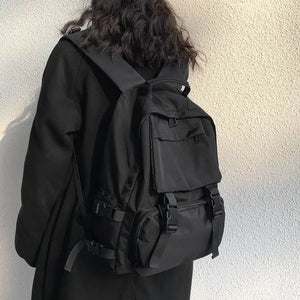 Preppy Students Backpack Large Capacity Button Travel Bag Solid Harajuku