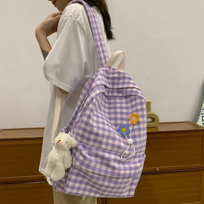 Women's Plaid Backpack: College Preppy Book Bag, Waterproof Travel Rucksack