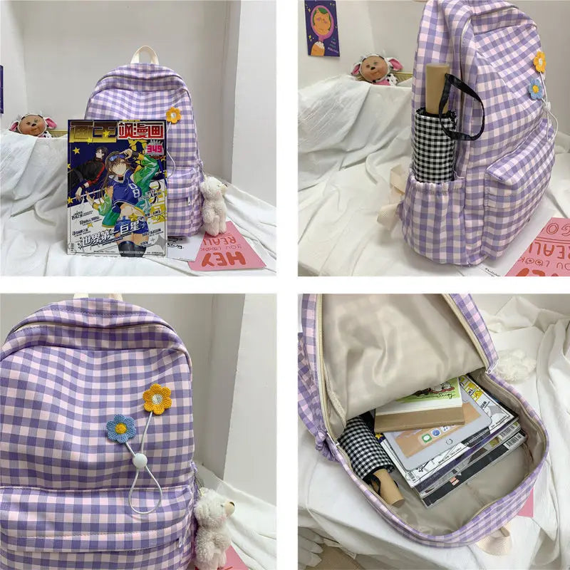 Women's Plaid Backpack: College Preppy Book Bag, Waterproof Travel Rucksack