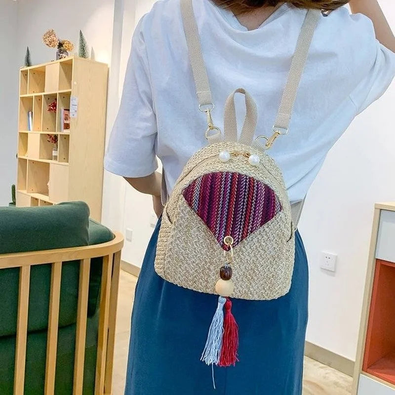 Tassel Patchwork Casual Travel Backpack Women School Bag Mini Woven Ulzzang