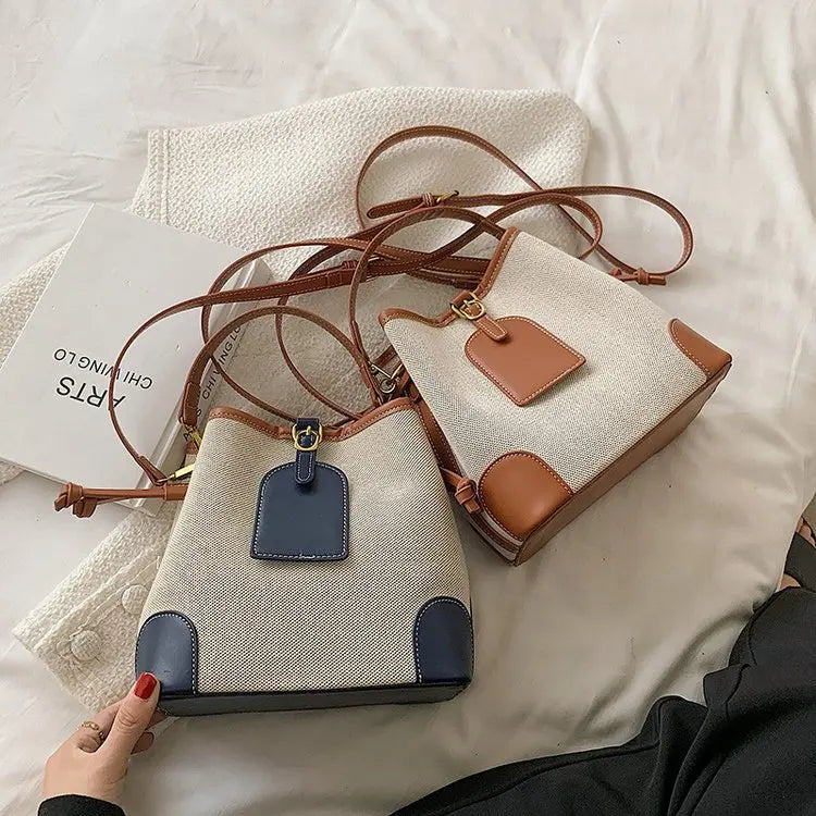 Canvas Bucket Bag Contrast Texture Messenger Shoulder Bag