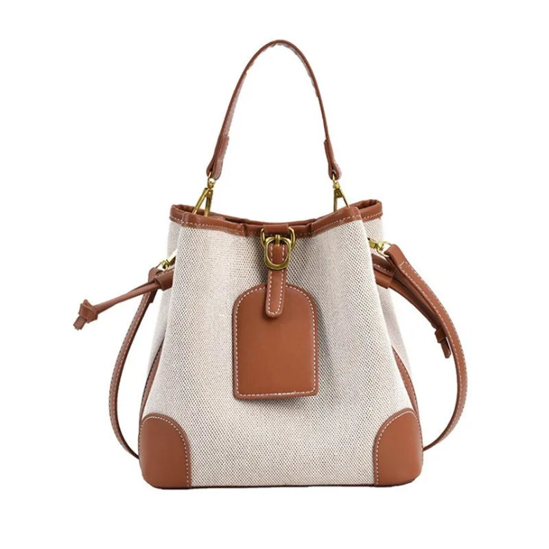 Canvas Bucket Bag Contrast Texture Messenger Shoulder Bag