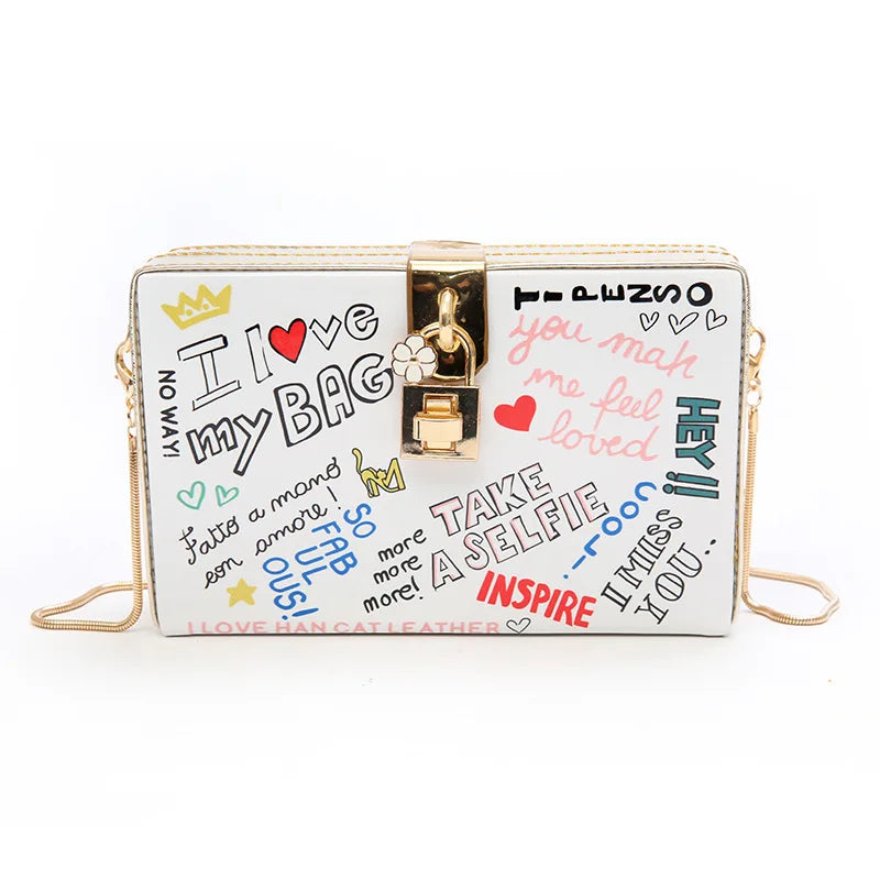 PU Leather Box Bag Chain Shoulder Graffiti Messenger Bag