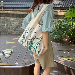 Canvas Shoulder Bag Flower Print Tote Handbag Large Capacity