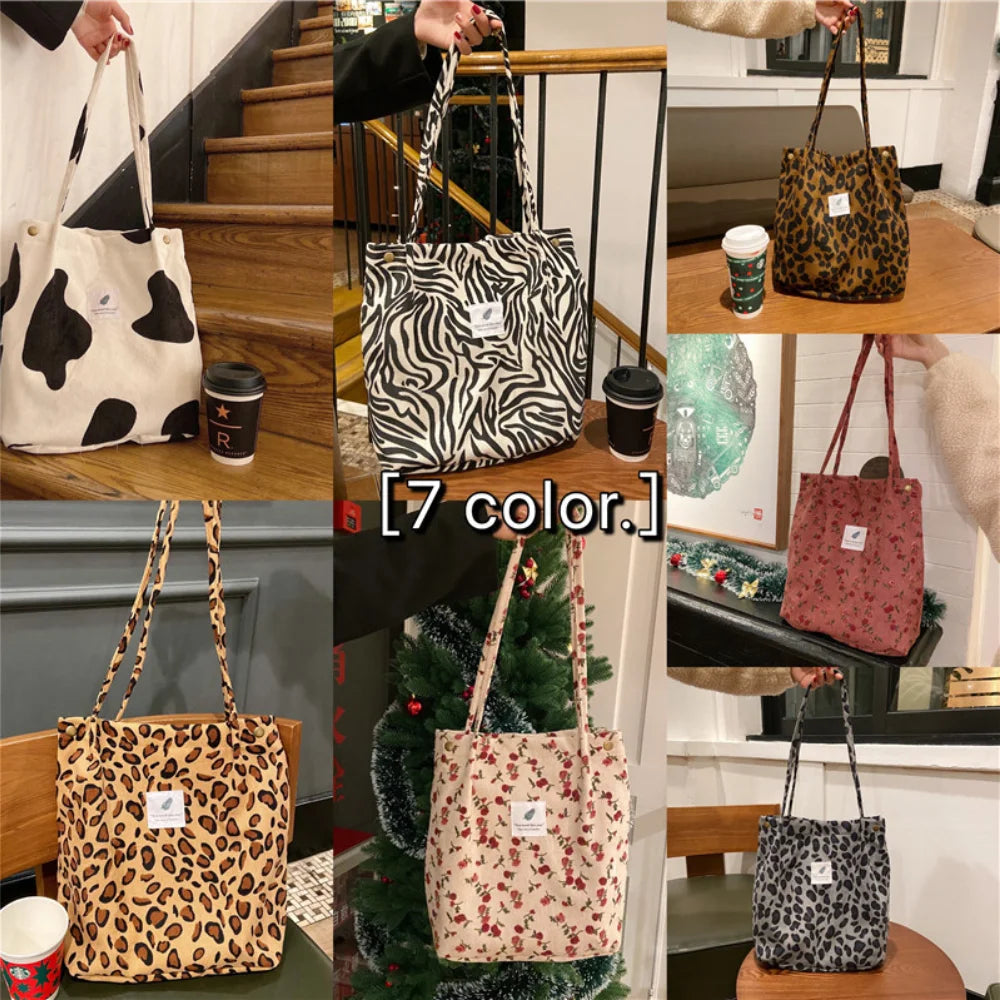 Corduroy Snap Button Shoulder Bag Large Capacity Tote Handbags