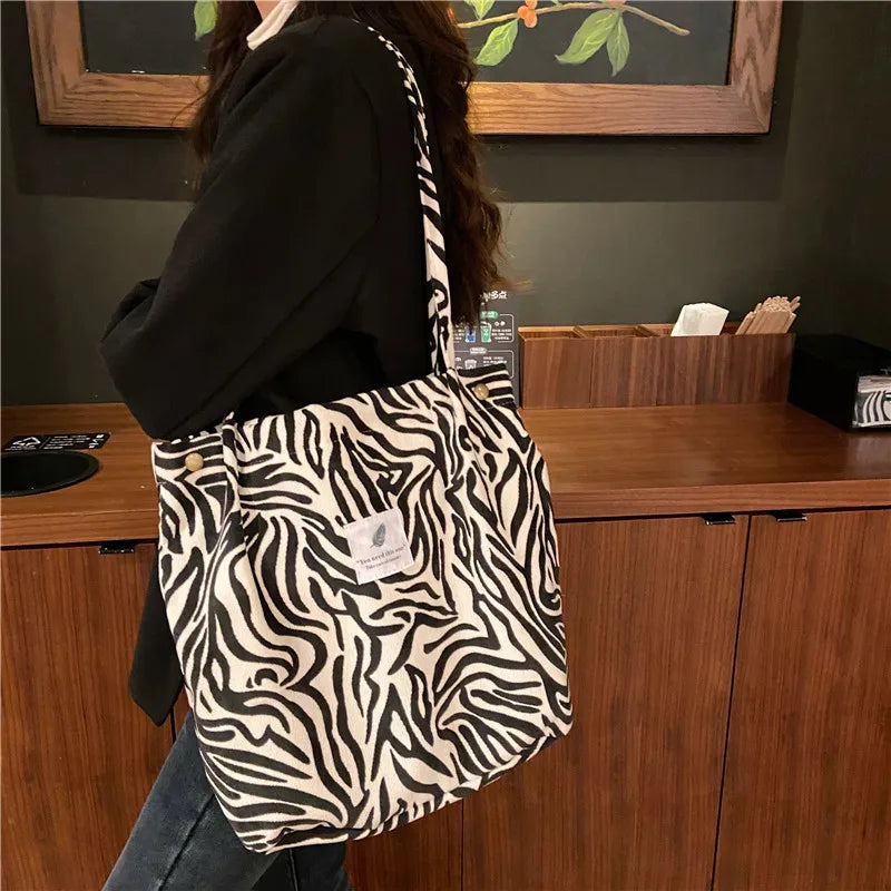 Corduroy Snap Button Shoulder Bag Large Capacity Tote Female Handbags