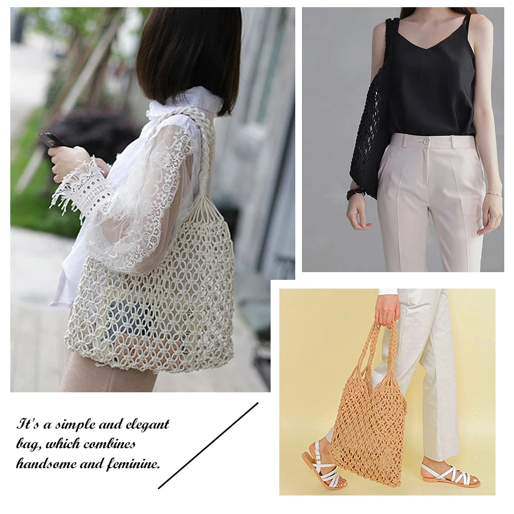 Beach Straw Shoulder Bag Woven Vacation Reusable Cotton Hollow Fis