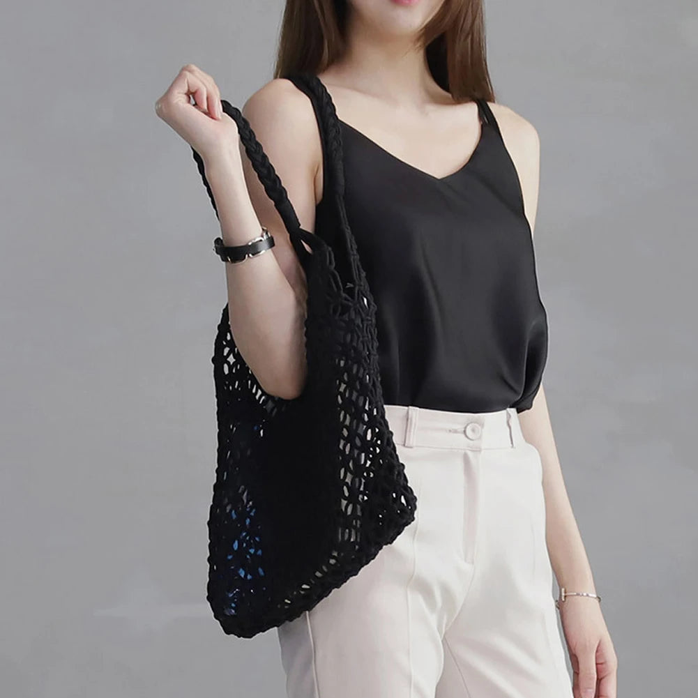 Beach Straw Shoulder Bag Woven Vacation Reusable Cotton Hollow Fis