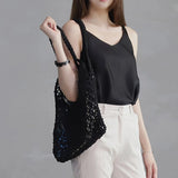 Beach Straw Shoulder Bag Woven Vacation Reusable Cotton Hollow Fis