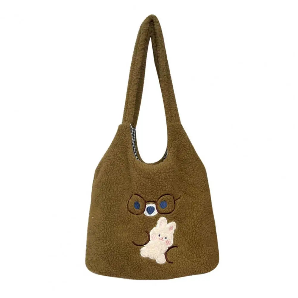 Bear Pattern Large Capacity Tote Bag Solid Plush Cartoon Peach Shoulder Bag