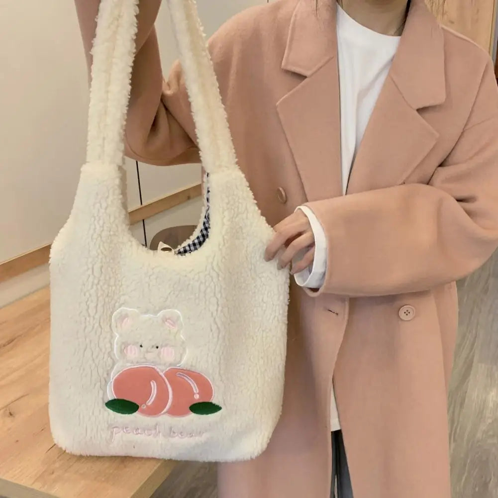 Bear Pattern Large Capacity Tote Bag Solid Plush Cartoon Peach Shoulder Bag