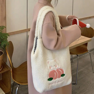 Bear Pattern Large Capacity Tote Bag Solid Plush Cartoon Peach Shoulder Bag