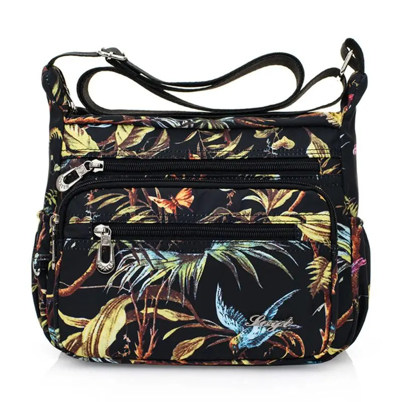 Flower Printed Multi-Pocket Nylon Shoulder Bag