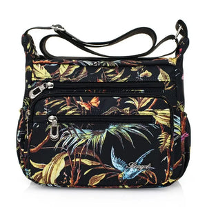 Flower Printed Multi-Pocket Nylon Shoulder Bag